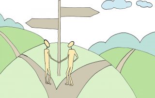 Grafik, die zwei Menschen zeigt, die sich die Hände reichen und in unterschiedliche Richtungen gehen