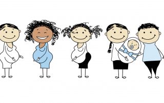 Schwangere Frauen verschiedener Nationalitäten und ein Mann und eine Frau mit Baby