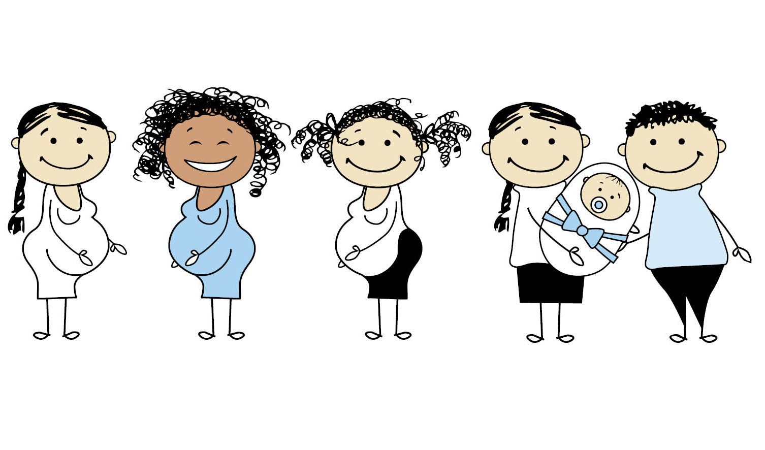 Schwangere Frauen verschiedener Nationalitäten und ein Mann und eine Frau mit Baby